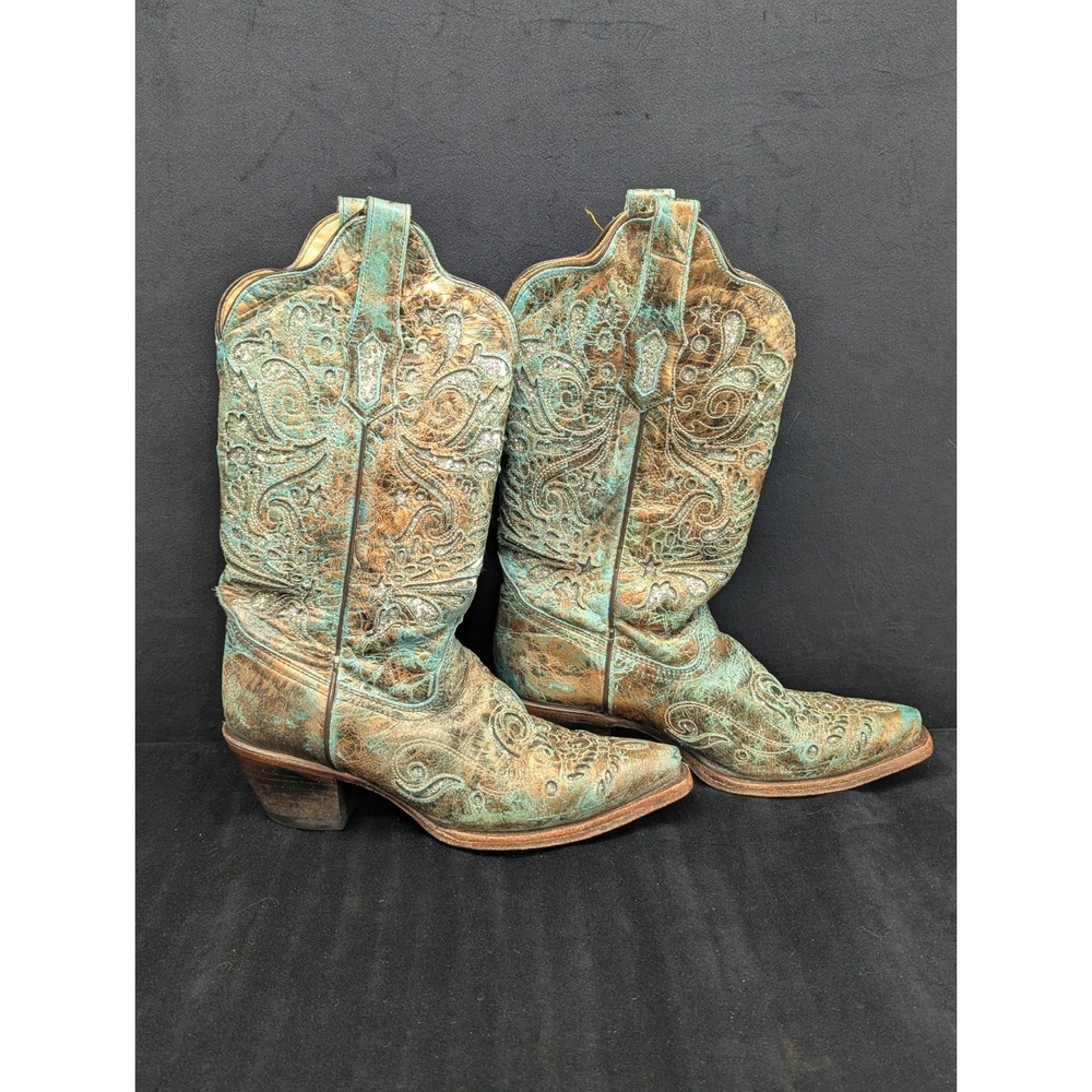 Corral Boots 7.5M Pointed Snip Toe Women Bronze/Turquoise Engraved Glitter Inlay - Picture 4 of 16